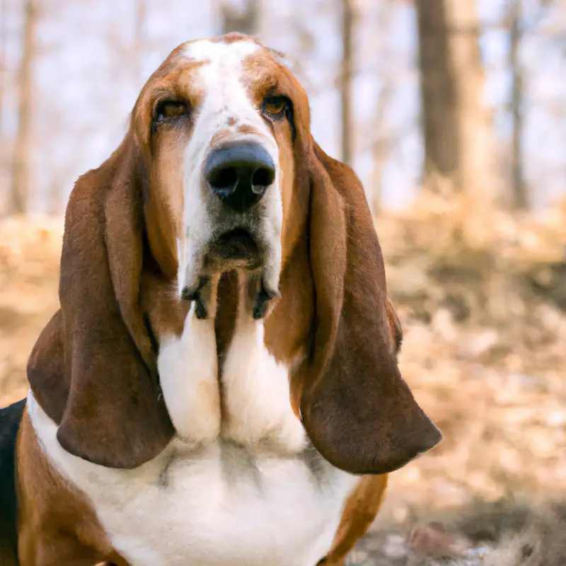 Basset Hound sniffing yard.