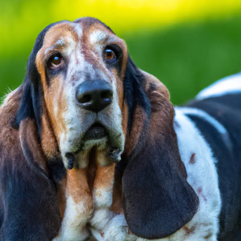 Basset Hound sniffs bag