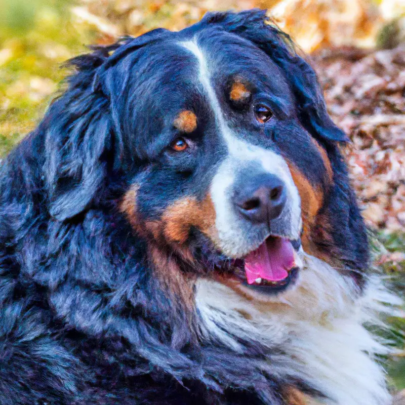 Bernese Mountain Dog on leash at kitchen counter.