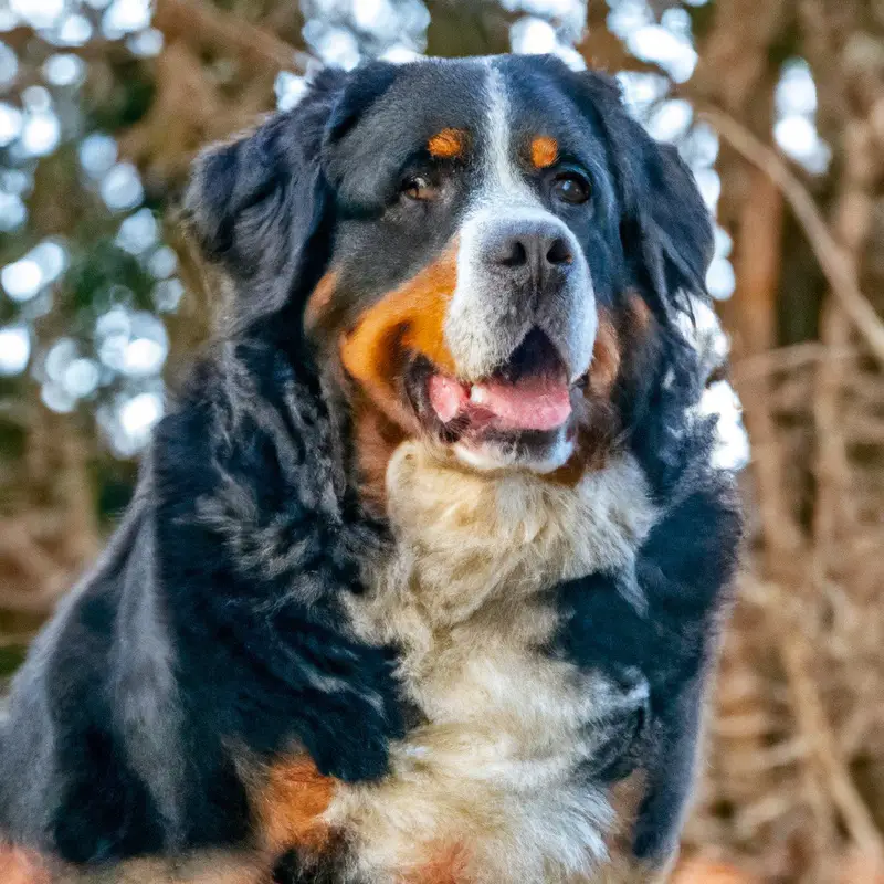 Bernese Mountain Dog resisting temptation on kitchen counter.