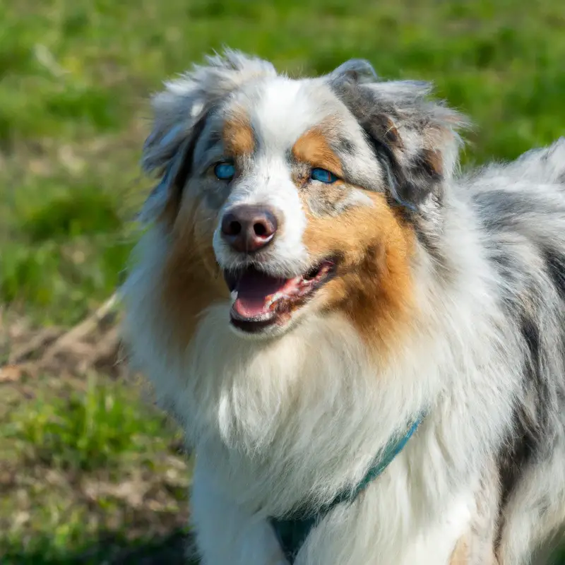 Colorful Australian Shepherds in the sun.