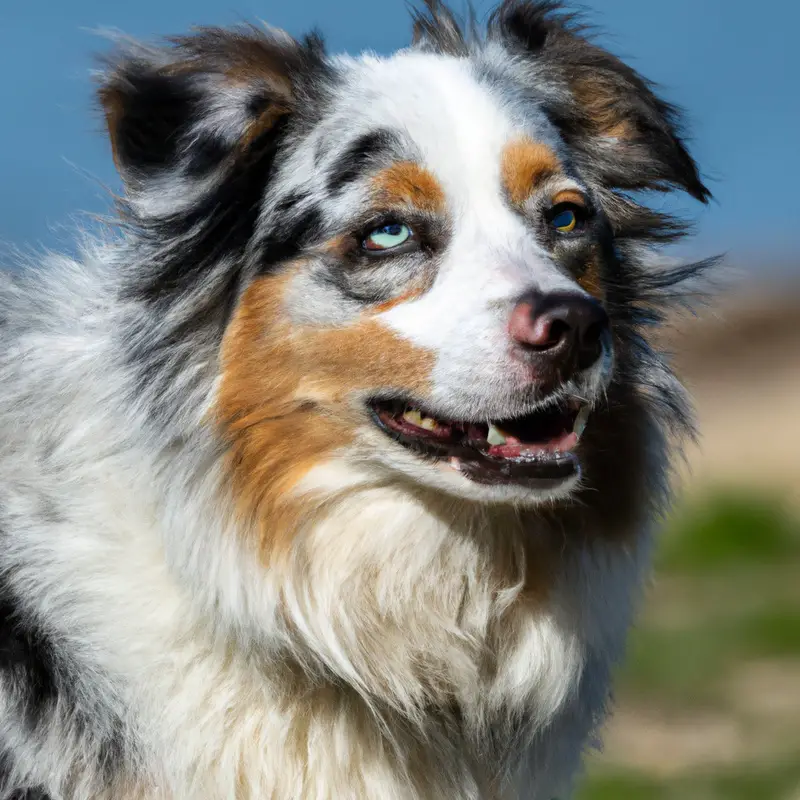 Curious Australian Shepherd observing cricket.