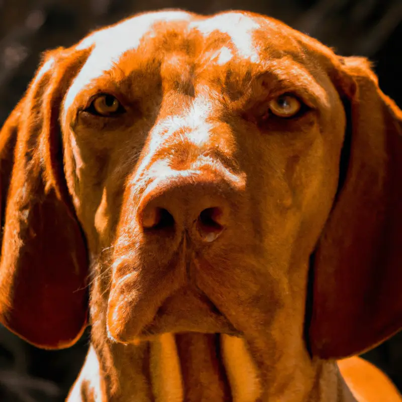 Curious Vizsla dog sniffing a flower in the garden.