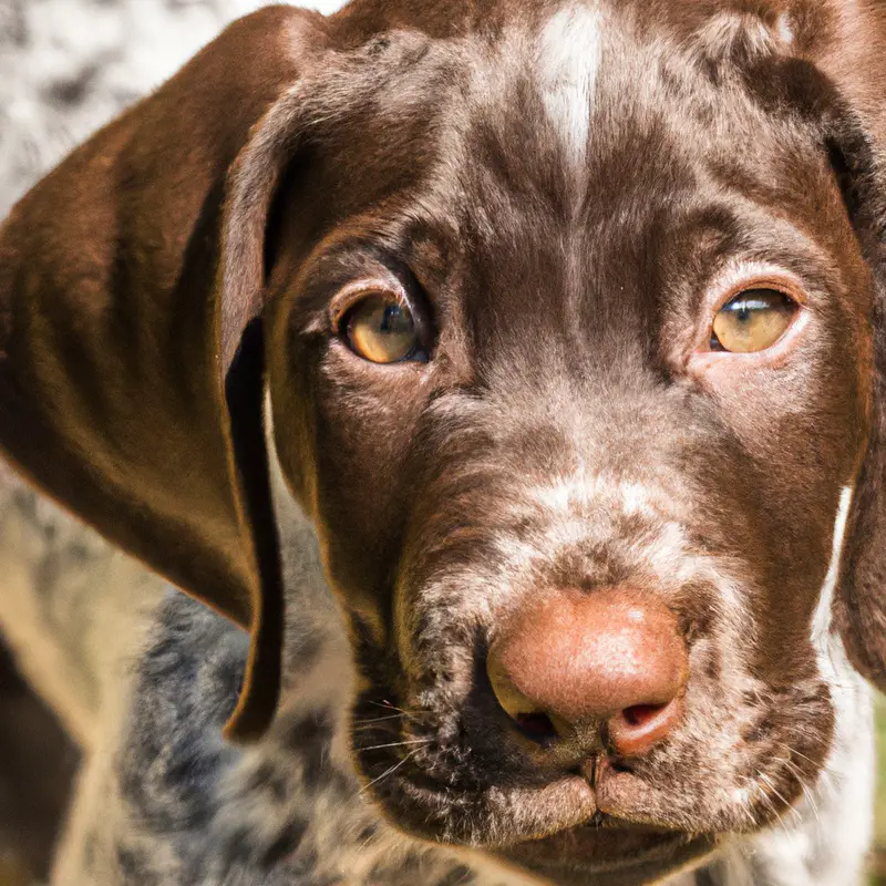 Cute GSP puppy curiously exploring crate.