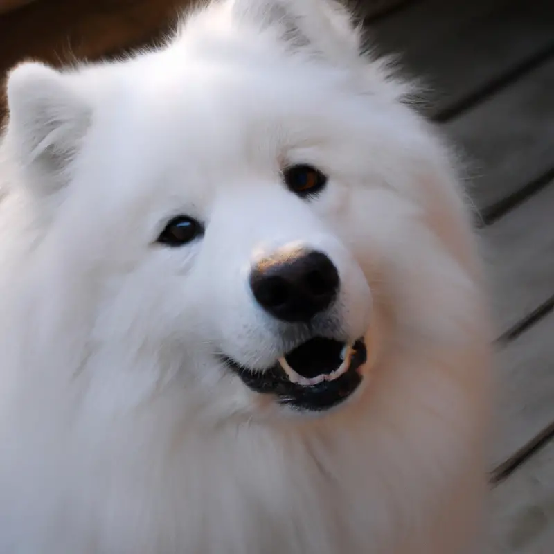 Cute Samoyed playing in green garden.