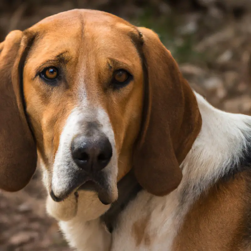 English Foxhound in countryside garden.