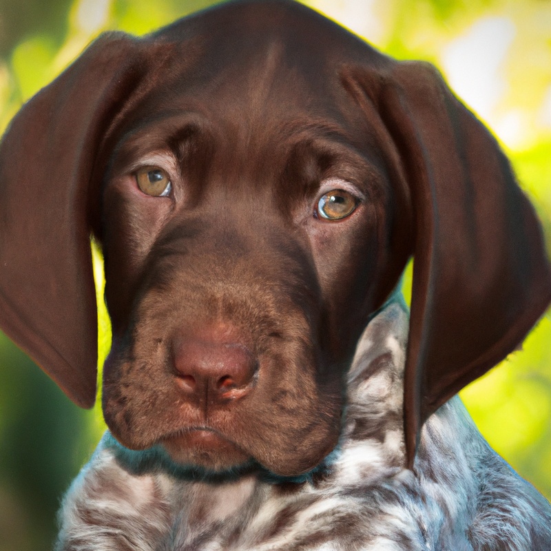 German Shorthaired Pointer sitting obediently on sofa.