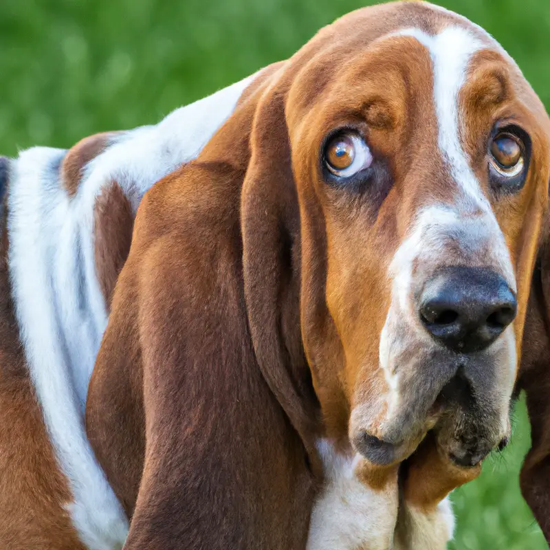 Sad Basset Hound sitting alone in living room.