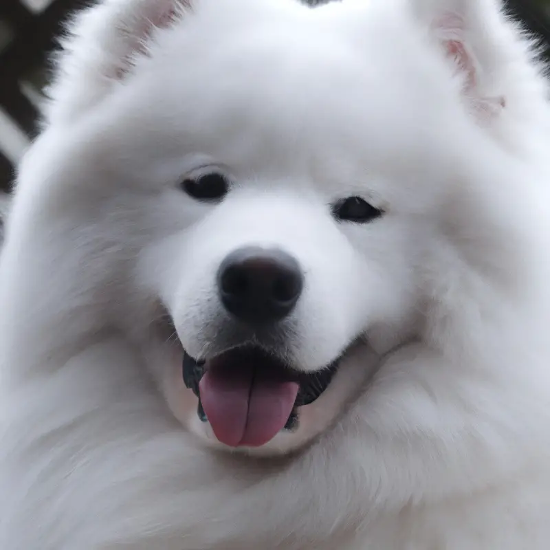 Samoyed dog in yard.