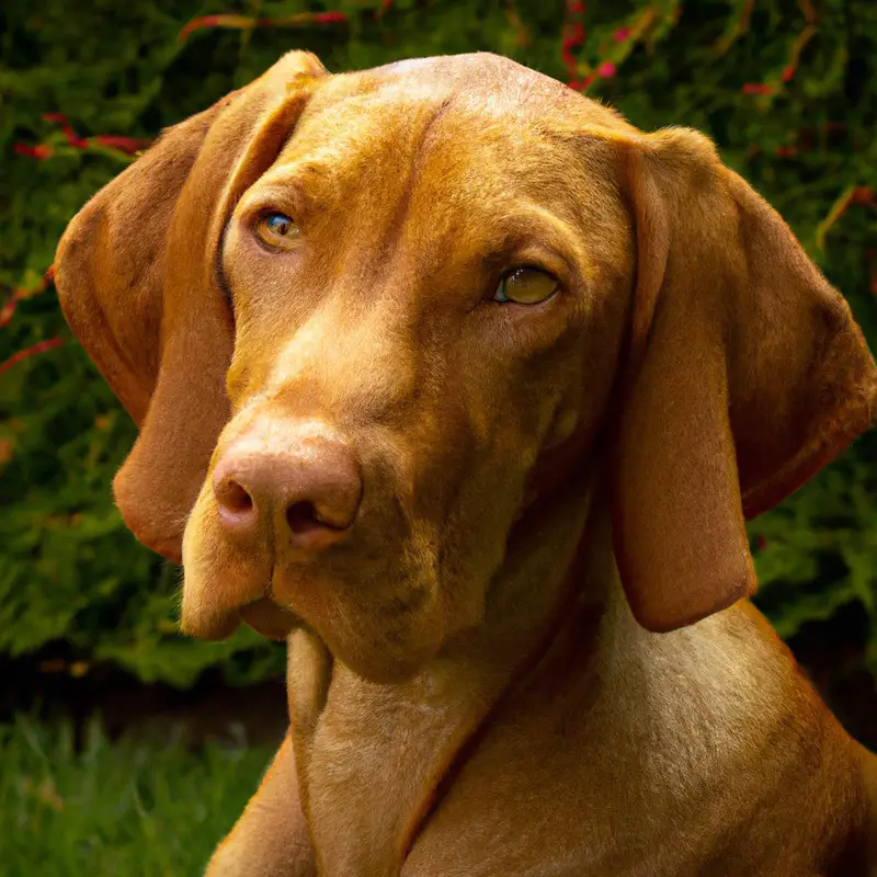 Smiling Vizsla dog on a leash