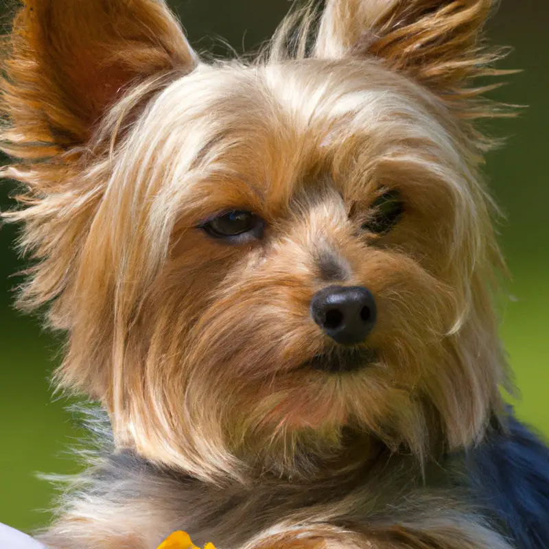 The Yorkshire Terrier in a lab coat sniffing a test tube.