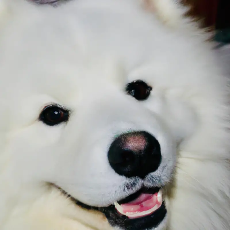 Two Samoyeds embracing in a dog park.