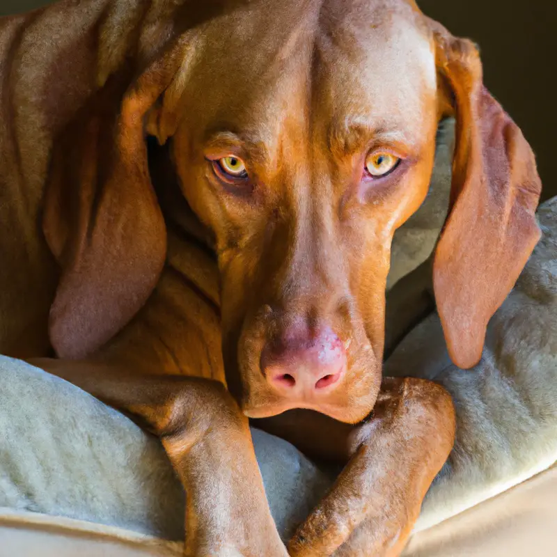 Vizsla dog, anxious expression.