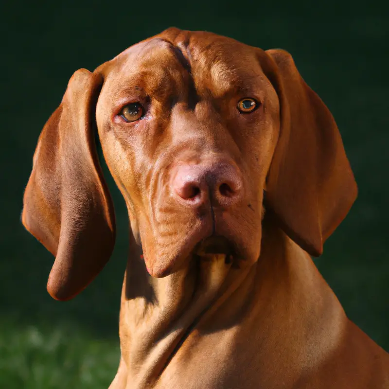 Vizsla dog running in field.