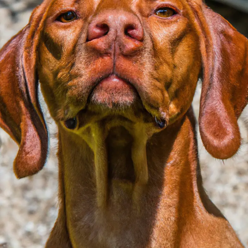 Vizsla hiding under table during thunderstorm.