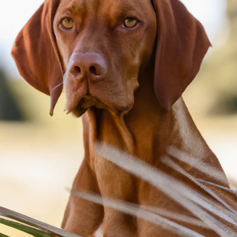 Vizsla playing hide-and-seek in the forest.