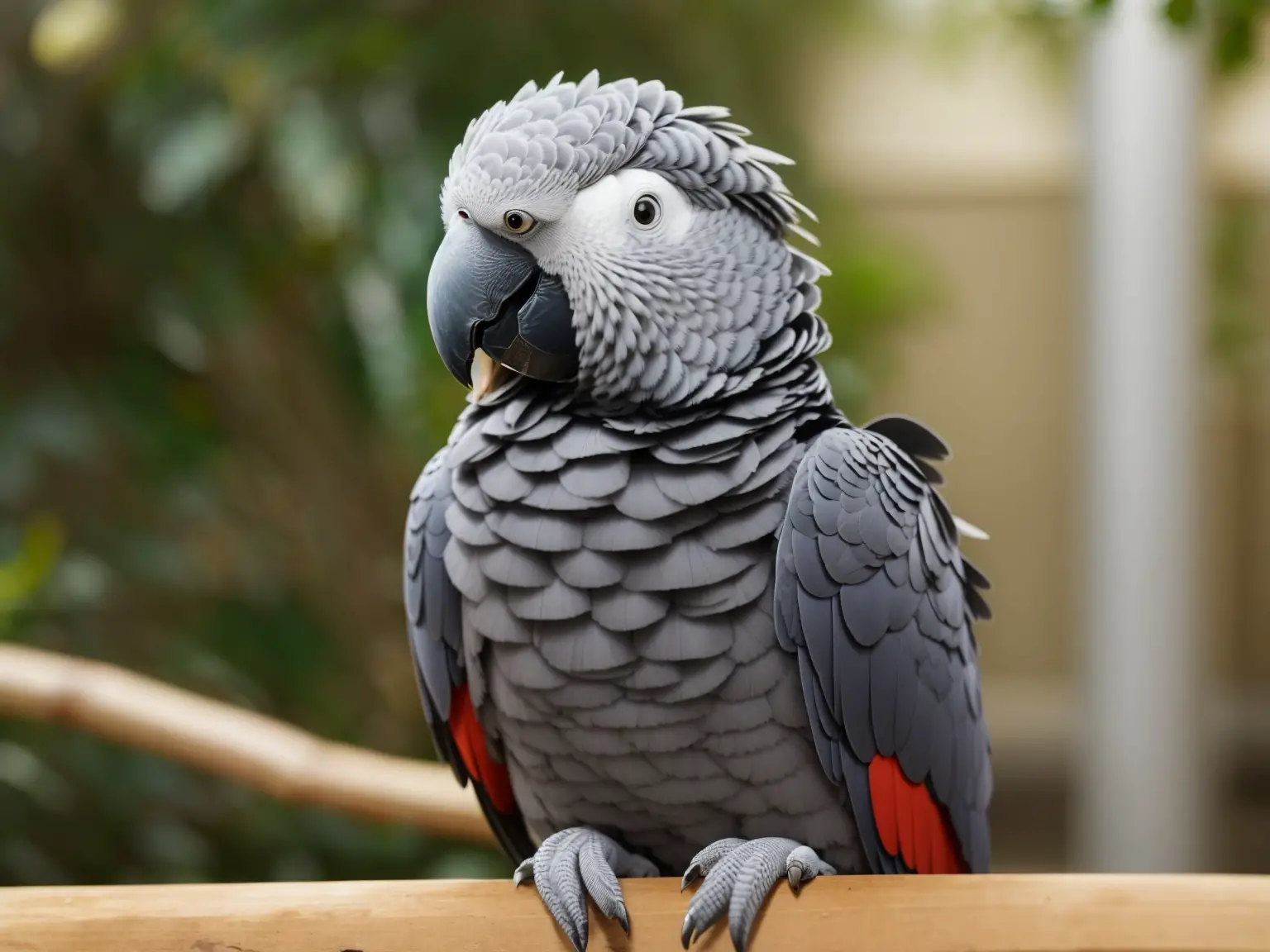 Feather-plucked African grey parrot.